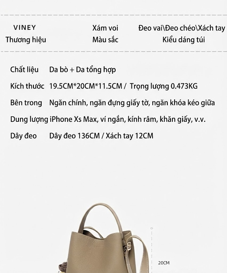 Túi Xách Nữ Da Mờ Dáng Bucket Lớn Đeo Vai, Đeo Chéo Màu Nâu chi tiết 5