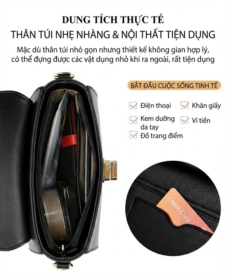 Túi Xách Nữ Da Mờ Đeo Chéo Kiểu Vuông Nhỏ Quai Xách Tay Màu Đen chi tiết 7