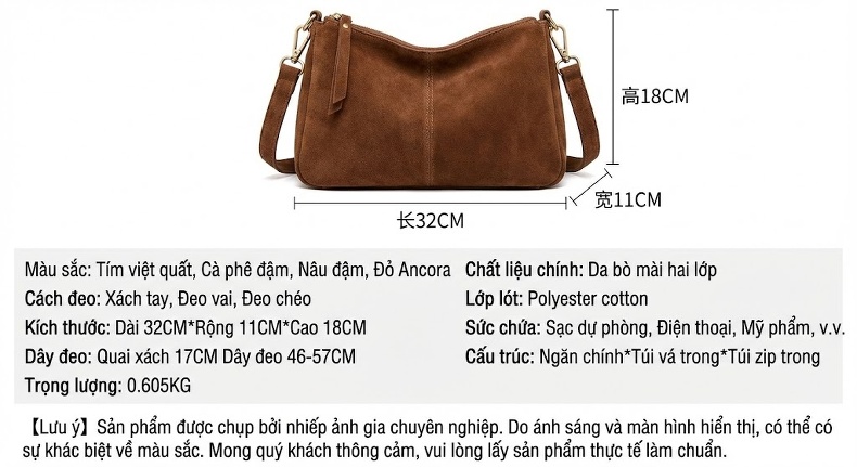Túi Xách Nữ Da Mờ Đeo Chéo/Xách Tay Phong Cách Cổ Điển Màu Nâu, Đỏ chi tiết 8
