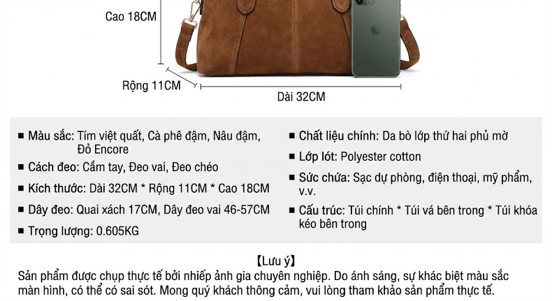 Túi Xách Nữ Da Mờ Đeo Chéo/Xách Tay Phong Cách Cổ Điển Màu Nâu, Đỏ chi tiết 28