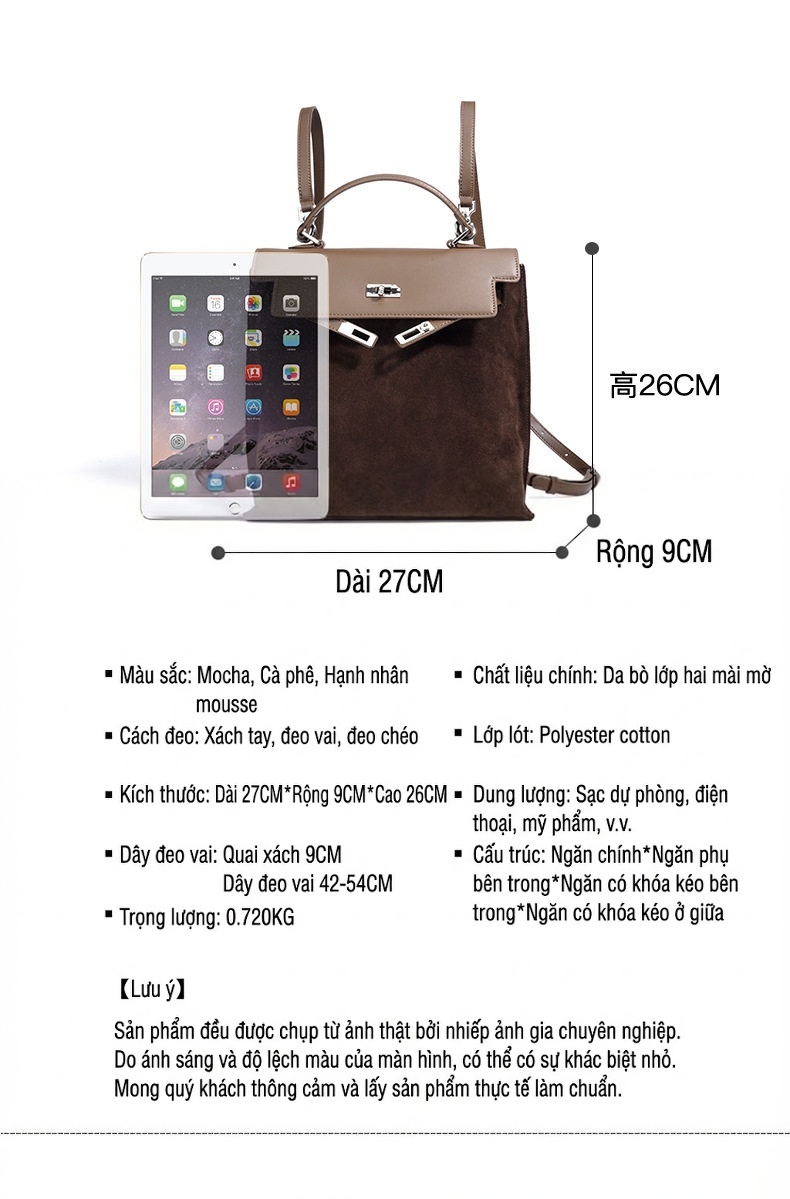 Túi Xách Nữ Da Mờ Đeo Vai Đeo Chéo Ba Lô Đa Năng Phong Cách Retro Màu Nâu, Be chi tiết 9