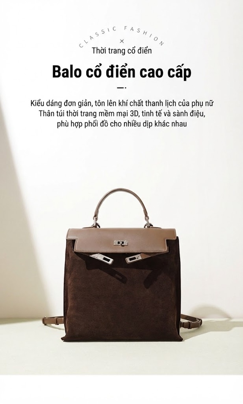 Túi Xách Nữ Da Mờ Đeo Vai Đeo Chéo Ba Lô Đa Năng Phong Cách Retro Màu Nâu, Be chi tiết 2
