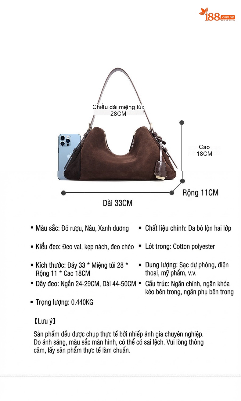 Túi Xách Nữ Da Mờ Đeo Vai Kiểu Boston Cỡ Lớn Màu Nâu, Xanh Navy, Tím chi tiết 8