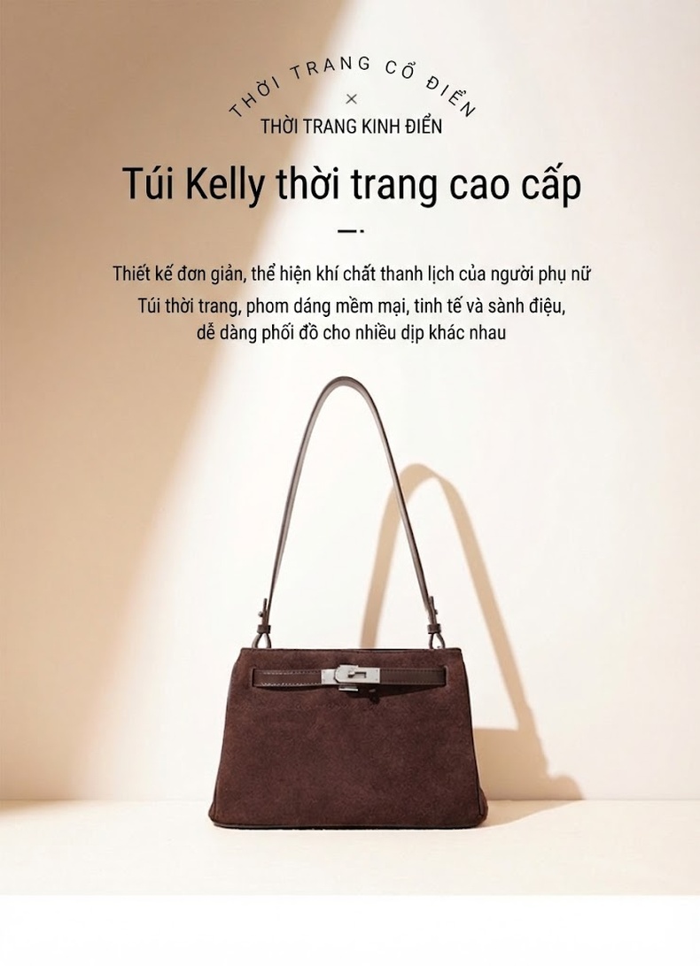 Túi Xách Nữ Da Mờ Khóa Cài Kelly Cỡ Nhỏ Đeo Vai, Xách Tay Màu Nâu Đỏ, Be chi tiết 1