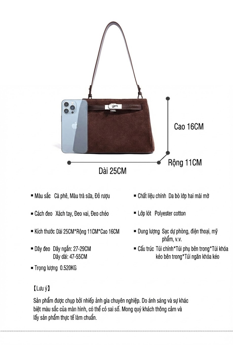 Túi Xách Nữ Da Mờ Khóa Cài Kelly Cỡ Nhỏ Đeo Vai, Xách Tay Màu Nâu Đỏ, Be chi tiết 7
