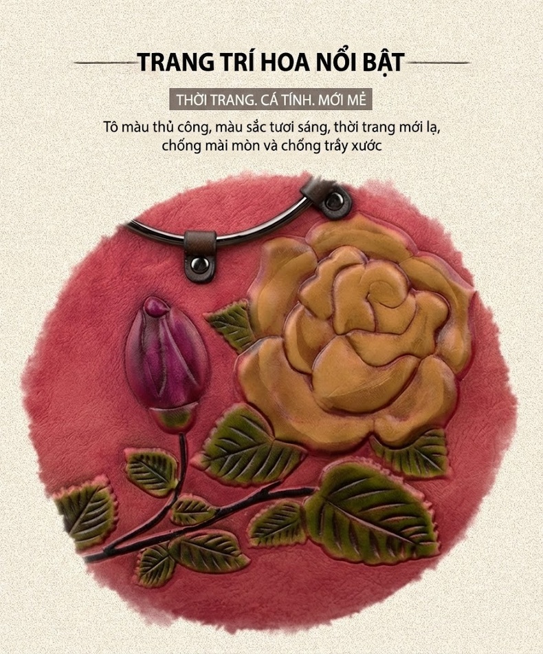 Túi Xách Nữ Da Mờ Retro Hoa Hồng Cỡ Lớn Đeo Vai Màu Đỏ, Nâu, Xanh Lá chi tiết 2