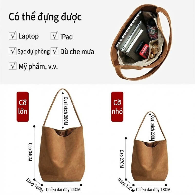 Túi Xách Nữ Da Mờ Sức Chứa Lớn Đeo Vai, Xách Tay Phong Cách Tiểu Thư Màu Nâu