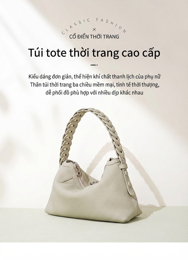 Túi Xách Nữ Da Mờ Thiết Kế Độc Đáo Quai Xách Bện Thời Trang Màu Kem, Nâu chi tiết 2