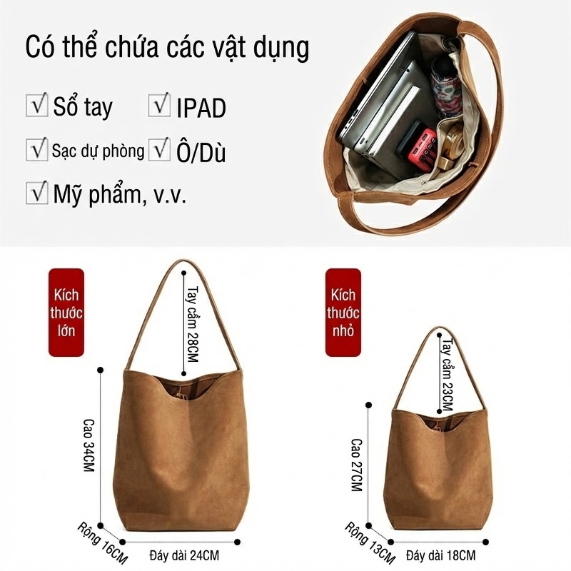 Túi Xách Nữ Da Mờ Tote Đeo Vai Đựng Vừa Laptop Công Sở Màu Nâu, Đen