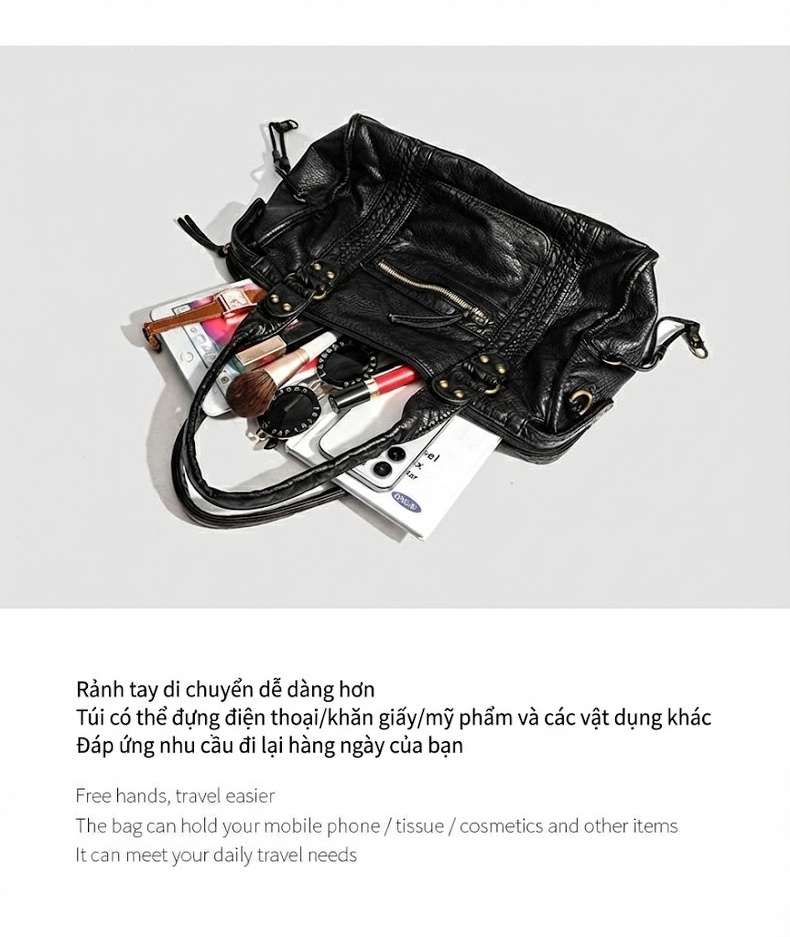 Túi Xách Nữ Da Mờ Vintage Kiểu Túi Tote, Túi Đeo Vai, Túi Đeo Chéo, Túi Lớn Sức Chứa Lớn Màu Đen, Trắng chi tiết 3