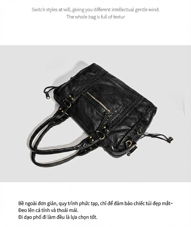 Túi Xách Nữ Da Mờ Vintage Kiểu Túi Tote, Túi Đeo Vai, Túi Đeo Chéo, Túi Lớn Sức Chứa Lớn Màu Đen, Trắng chi tiết 6
