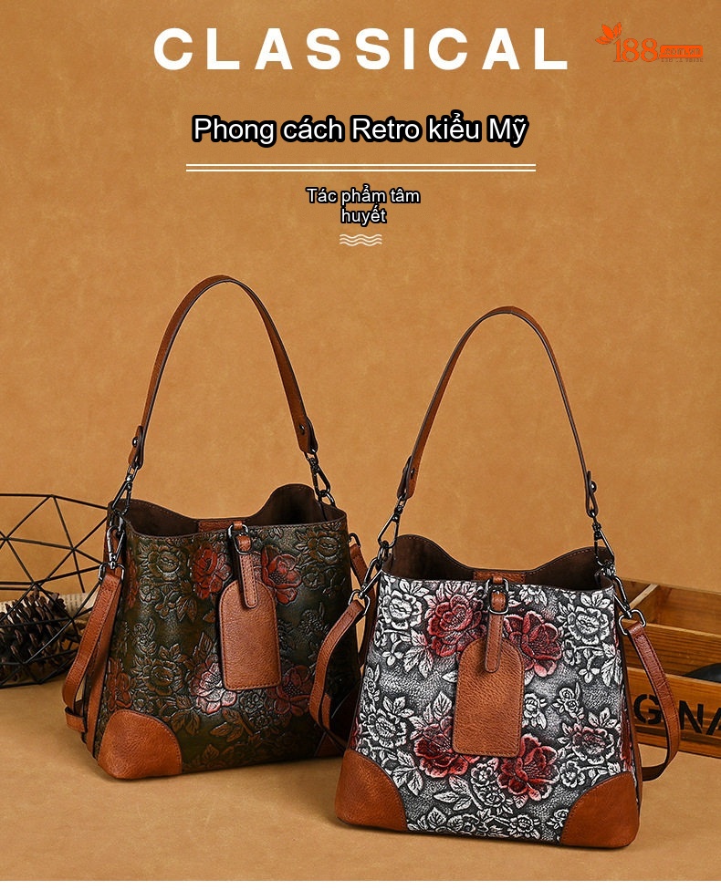 Túi Xách Nữ Da PU In Hoa Dập Nổi Vintage Đeo Vai, Đeo Chéo Màu Nâu chi tiết 1