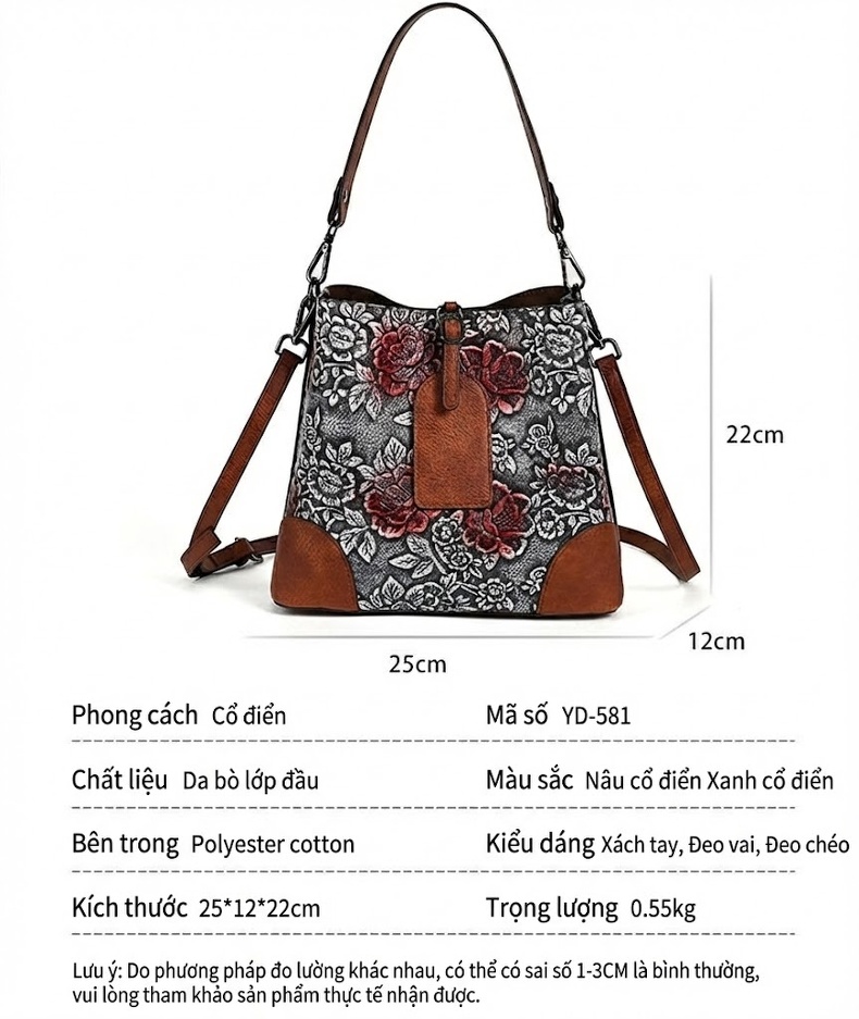 Túi Xách Nữ Da PU In Hoa Dập Nổi Vintage Đeo Vai, Đeo Chéo Màu Nâu chi tiết 3