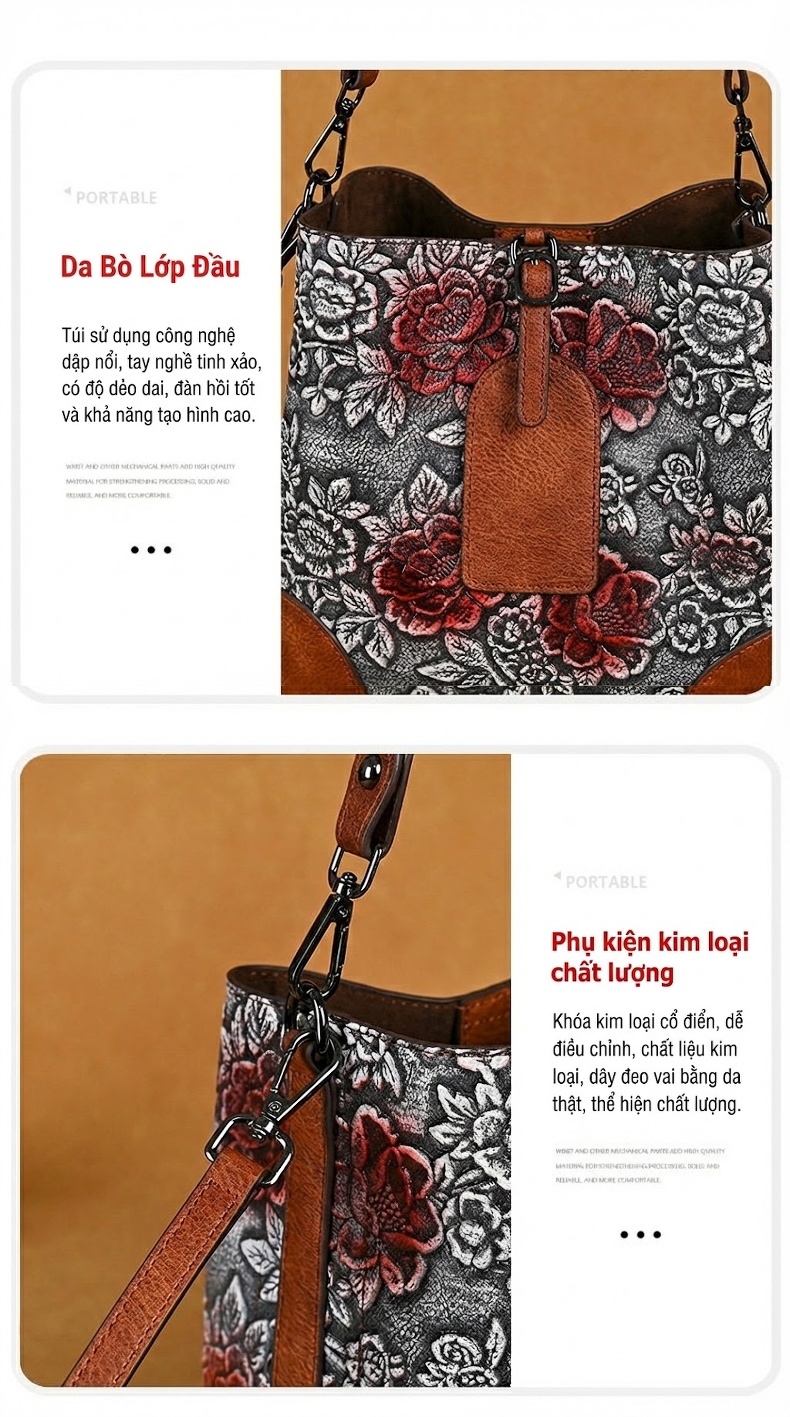 Túi Xách Nữ Da PU In Hoa Dập Nổi Vintage Đeo Vai, Đeo Chéo Màu Nâu chi tiết 12
