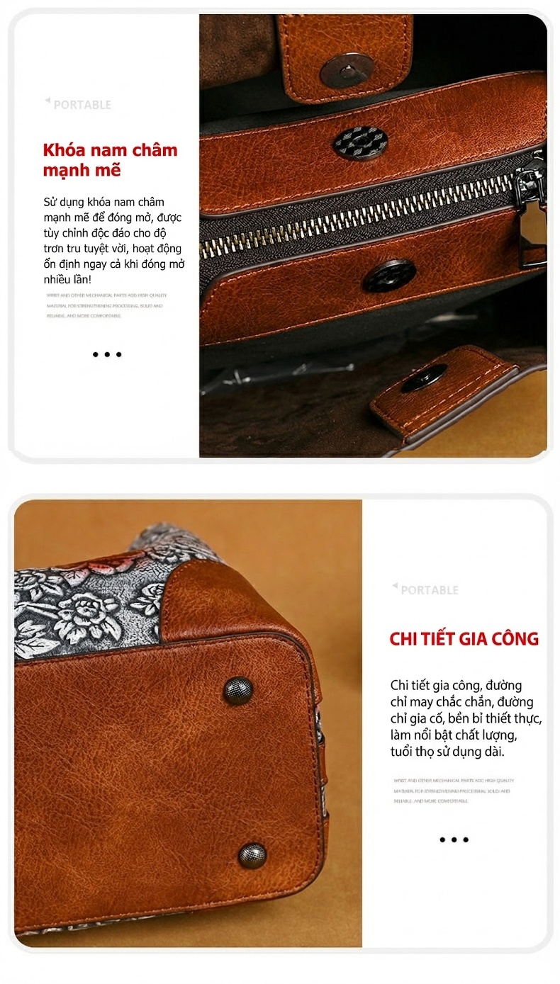 Túi Xách Nữ Da PU In Hoa Dập Nổi Vintage Đeo Vai, Đeo Chéo Màu Nâu chi tiết 13