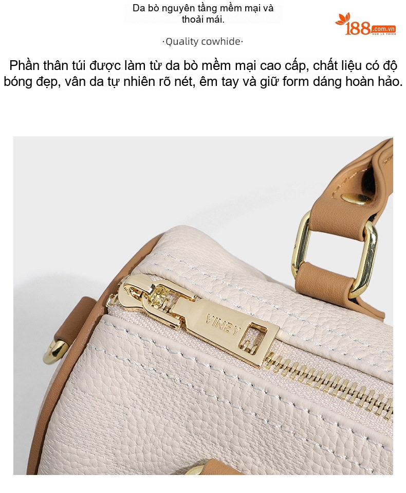 Túi Xách Nữ Da Thật Boston/Pillow Cầm Tay/Đeo Chéo Màu Be chi tiết 13