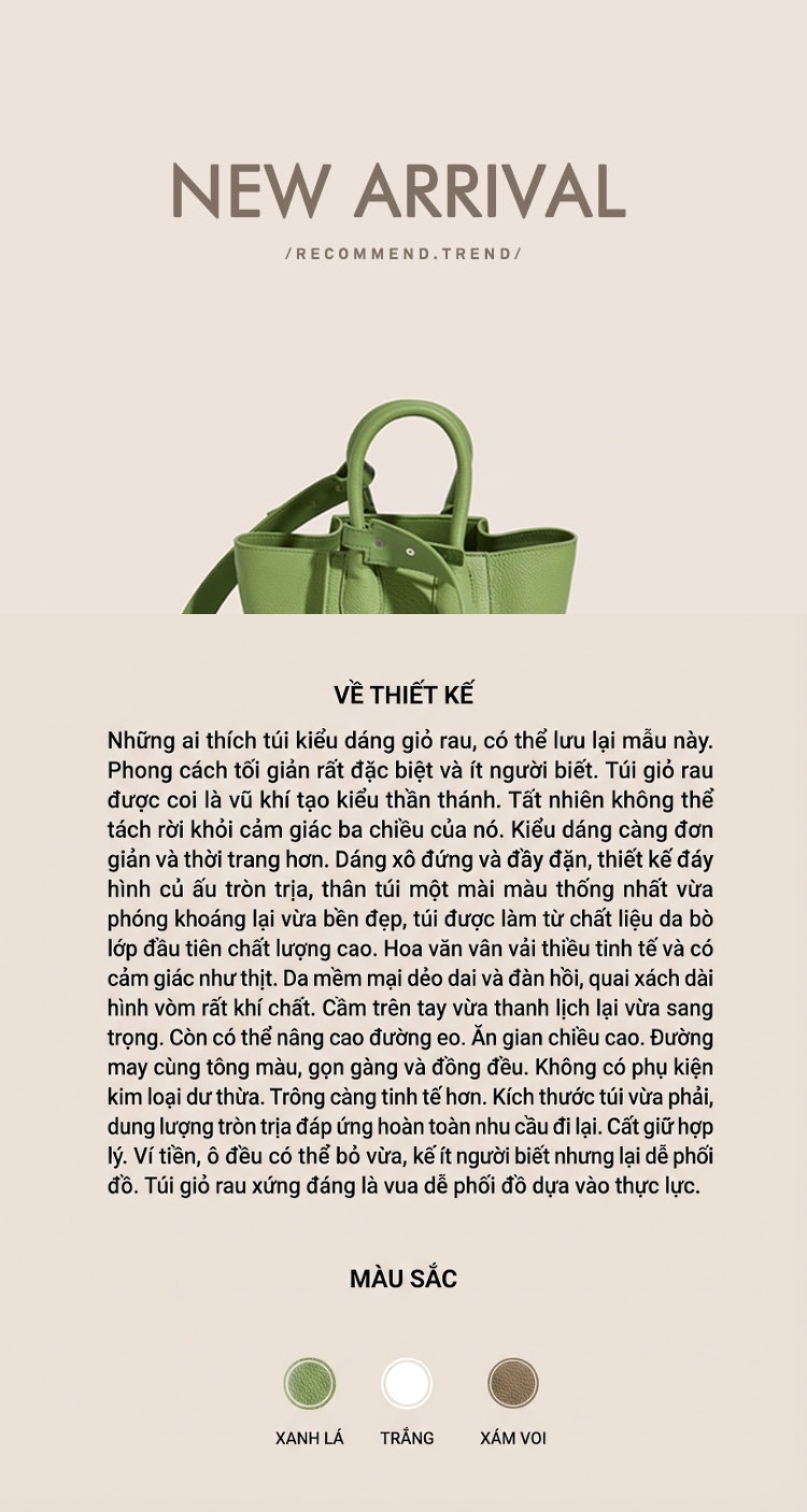 Túi Xách Nữ Da Thật Cánh Gà, Túi Đeo Vai, Túi Xô Mini Màu Xám Voi, Xanh Lá, Trắng chi tiết 1