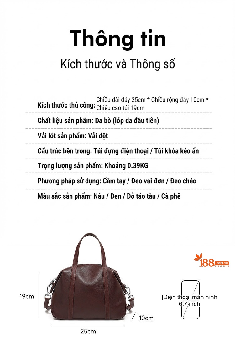 Túi Xách Nữ Da Thật Cao Cấp Dáng Boston Đeo Vai, Xách Tay Màu Đỏ Rượu chi tiết 3