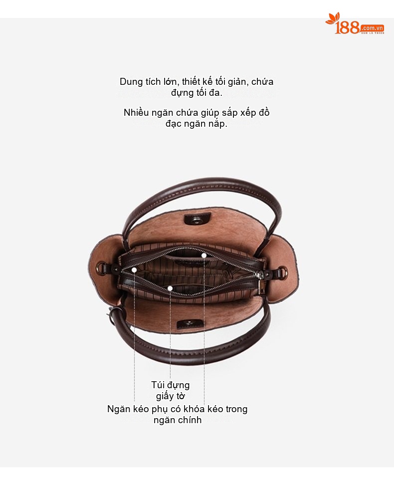 Túi Xách Nữ Da Thật Đan Lưới Dáng Bucket Lớn Quai Xách Tay, Đeo Chéo Màu Nâu chi tiết 2