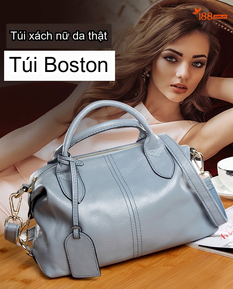 Túi Xách Nữ Da Thật Dáng Boston Retro Âu Mỹ Màu Tím, Đen, Xanh Dương chi tiết 1
