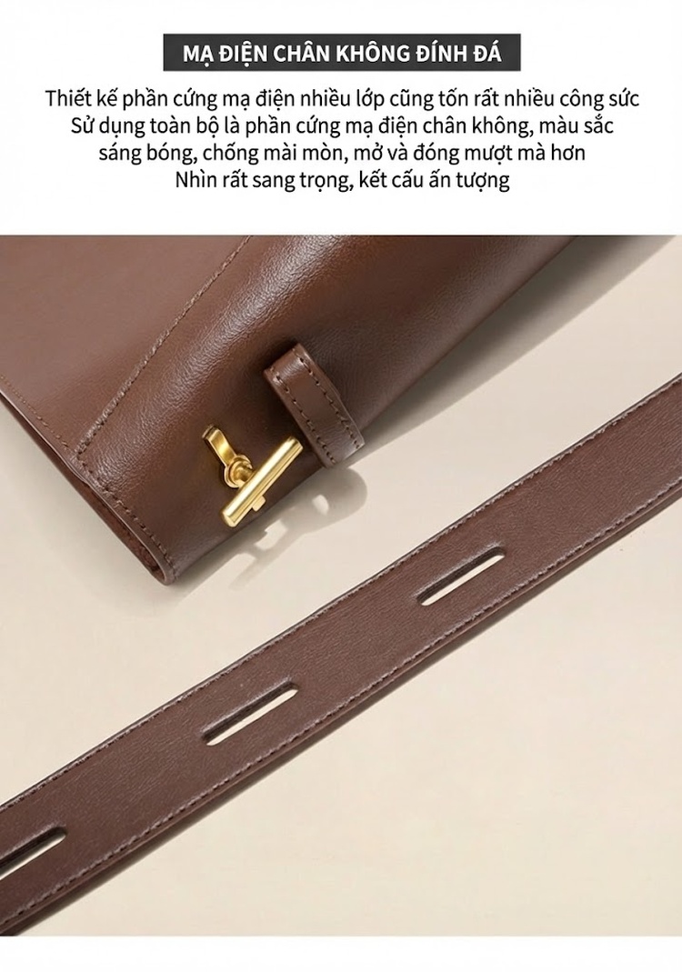 Túi Xách Nữ Da Thật Dáng Bucket Tote Đeo Vai, Đeo Chéo Màu Nâu, Kem chi tiết 4