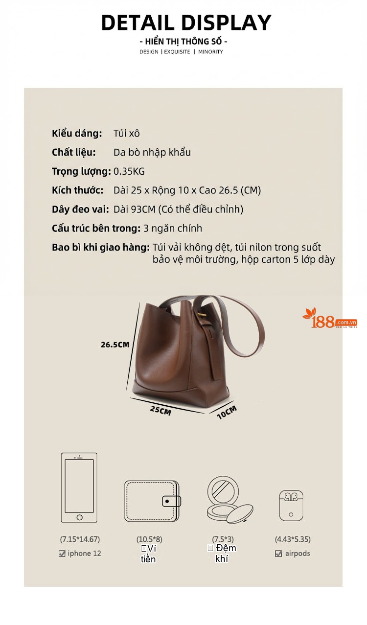 Túi Xách Nữ Da Thật Dáng Bucket Tote Đeo Vai, Đeo Chéo Màu Nâu, Kem chi tiết 6