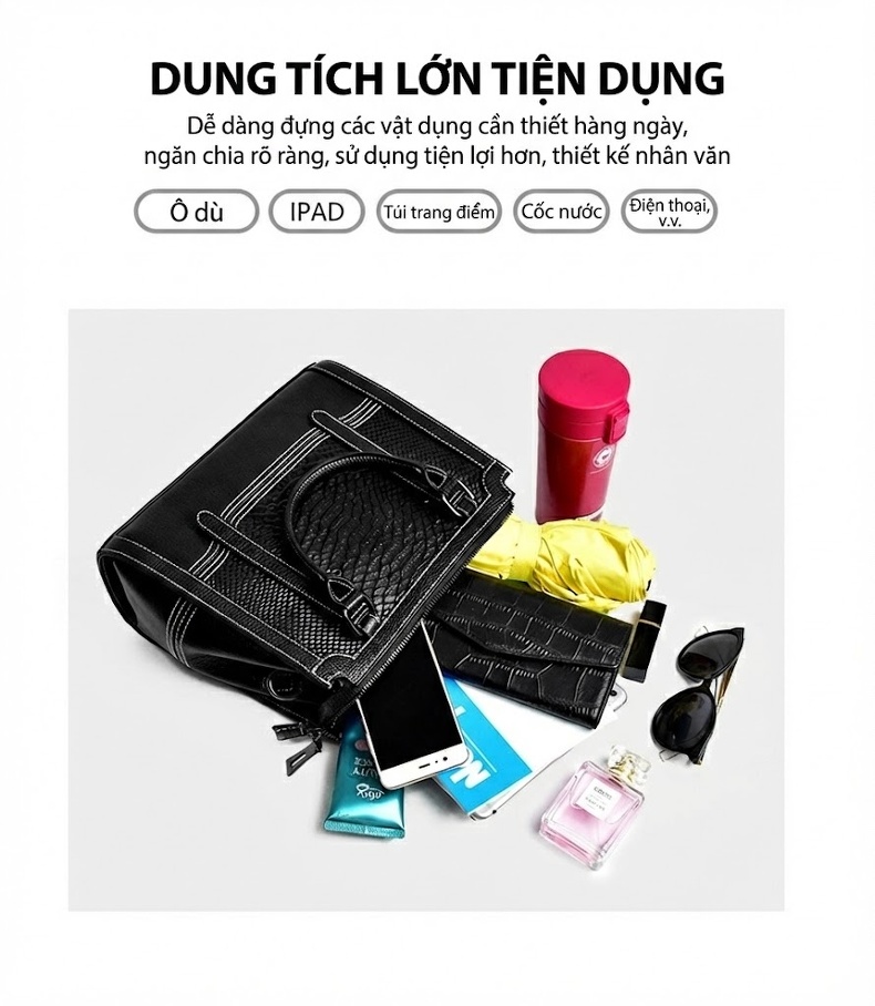 Túi Xách Nữ Da Thật Dáng Hộp Lớn Đeo Vai Đa Năng Màu Xám, Xanh Dương, Đen, Đỏ chi tiết 9