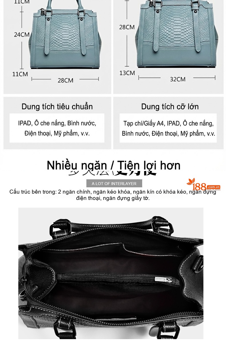 Túi Xách Nữ Da Thật Dáng Hộp Lớn Đeo Vai Đa Năng Màu Xám, Xanh Dương, Đen, Đỏ chi tiết 8