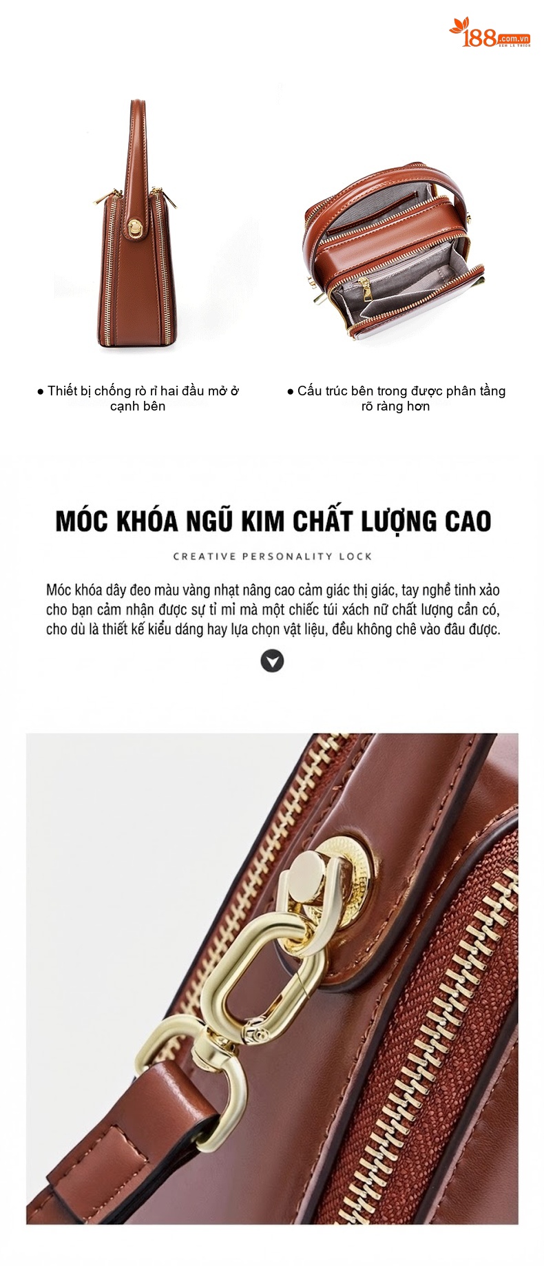 Túi Xách Nữ Da Thật Dáng Hộp Thời Trang Đeo Chéo, Xách Tay Màu Nâu, Đen, Trắng chi tiết 6