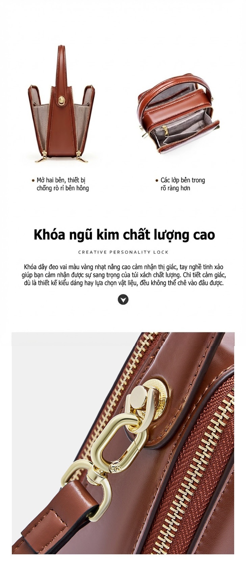 Túi Xách Nữ Da Thật Dáng Hộp Thời Trang Đeo Chéo, Xách Tay Màu Nâu, Đen, Trắng chi tiết 7