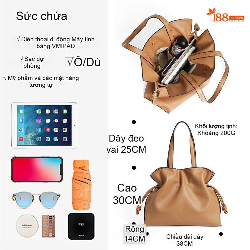Túi Xách Nữ Da Thật Dáng Thùng Rút Dây Phong Cách Thu Đông Màu Nâu