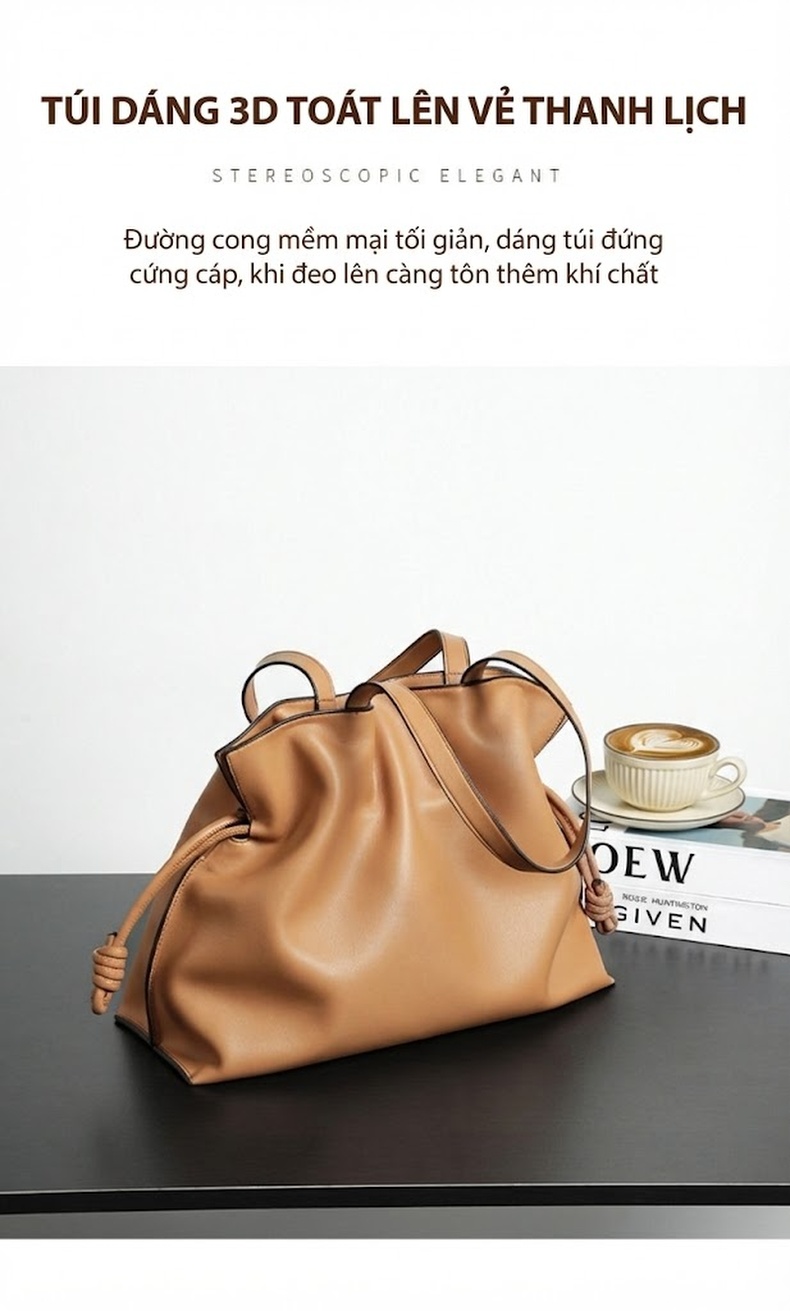 Túi Xách Nữ Da Thật Dáng Thùng Rút Dây Phong Cách Thu Đông Màu Nâu chi tiết 15
