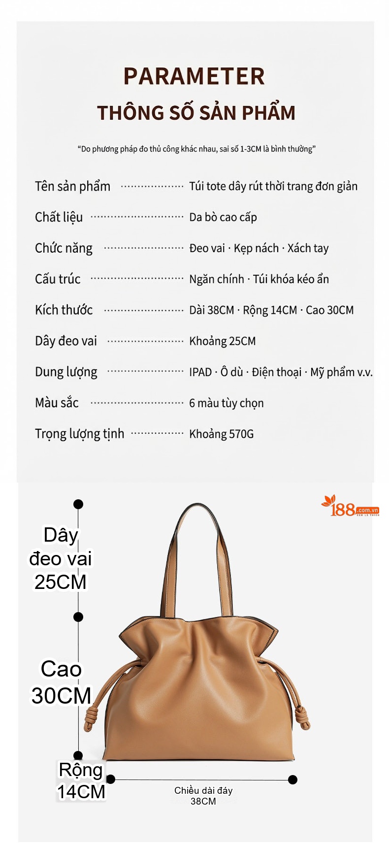Túi Xách Nữ Da Thật Dáng Thùng Rút Dây Phong Cách Thu Đông Màu Nâu chi tiết 3