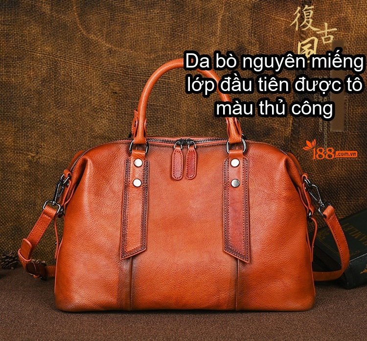 Túi Xách Nữ Da Thật Dáng Trống Cỡ Lớn Đeo Vai, Xách Tay Màu Nâu, Đen, Cam chi tiết 1