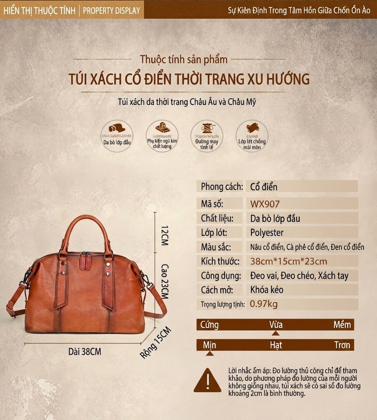 Túi Xách Nữ Da Thật Dáng Trống Cỡ Lớn Đeo Vai, Xách Tay Màu Nâu, Đen, Cam chi tiết 2