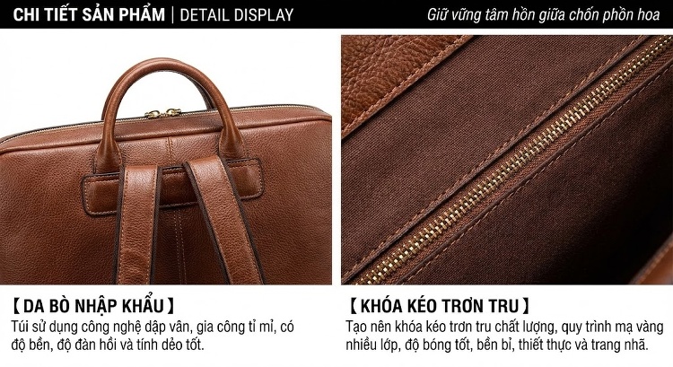 Túi Xách Nữ Da Thật Dáng Trống Cỡ Lớn Đeo Vai, Xách Tay Màu Nâu, Đen, Cam chi tiết 11