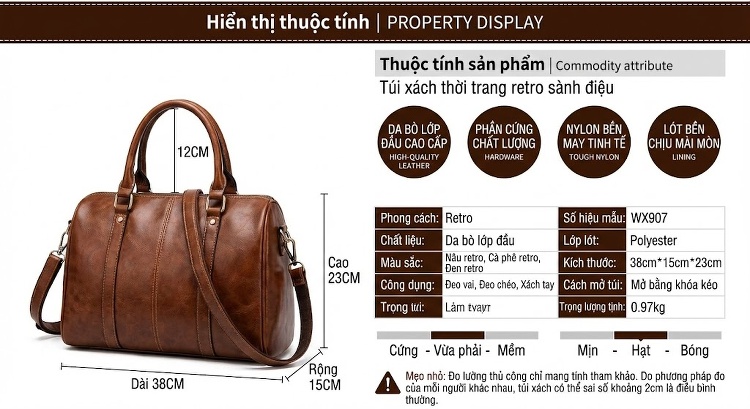 Túi Xách Nữ Da Thật Dáng Trống Cỡ Lớn Đeo Vai, Xách Tay Màu Nâu, Đen, Cam chi tiết 15