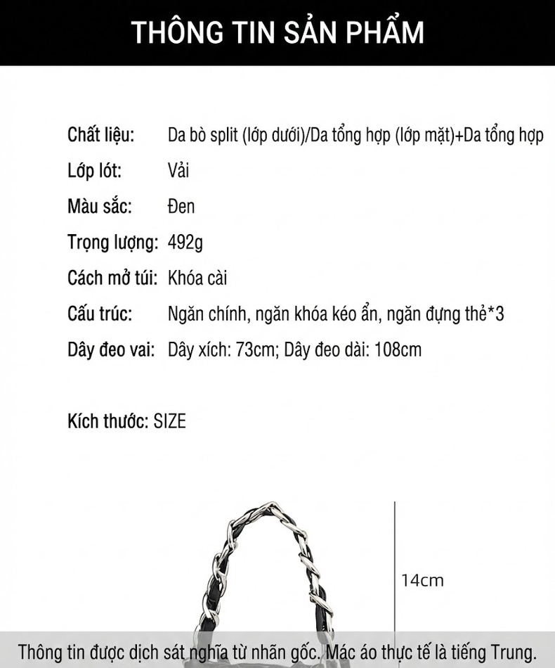 Túi Xách Nữ Da Thật Dáng Xô Quai Xách Tay Đeo Chéo Màu Đen chi tiết 5