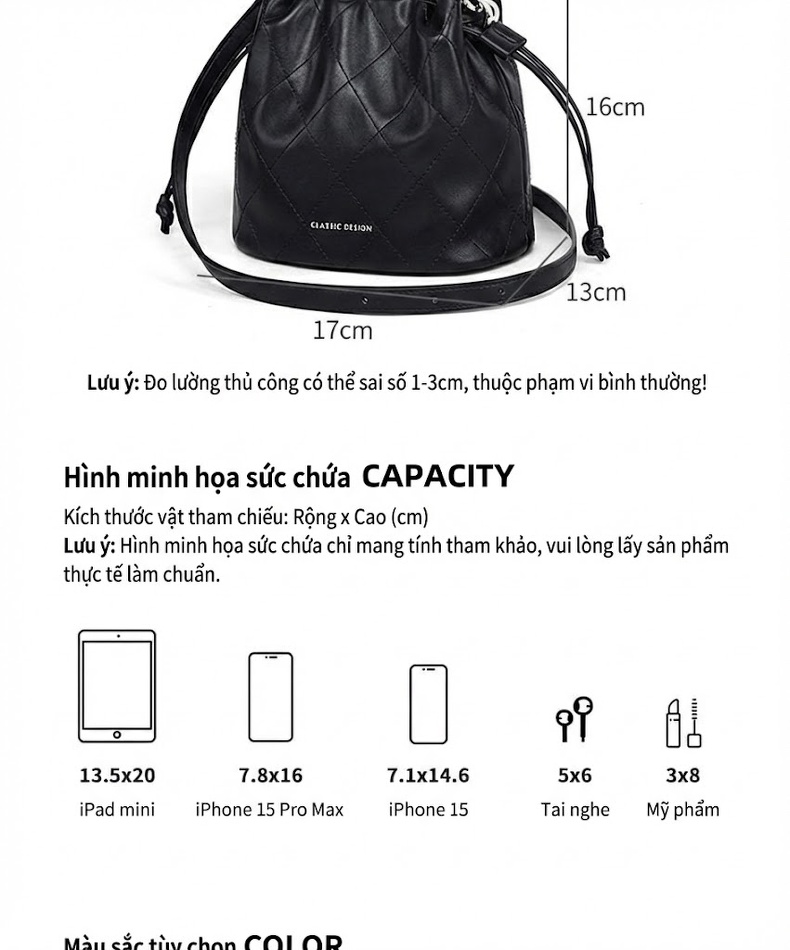 Túi Xách Nữ Da Thật Dáng Xô Quai Xách Tay Đeo Chéo Màu Đen chi tiết 6