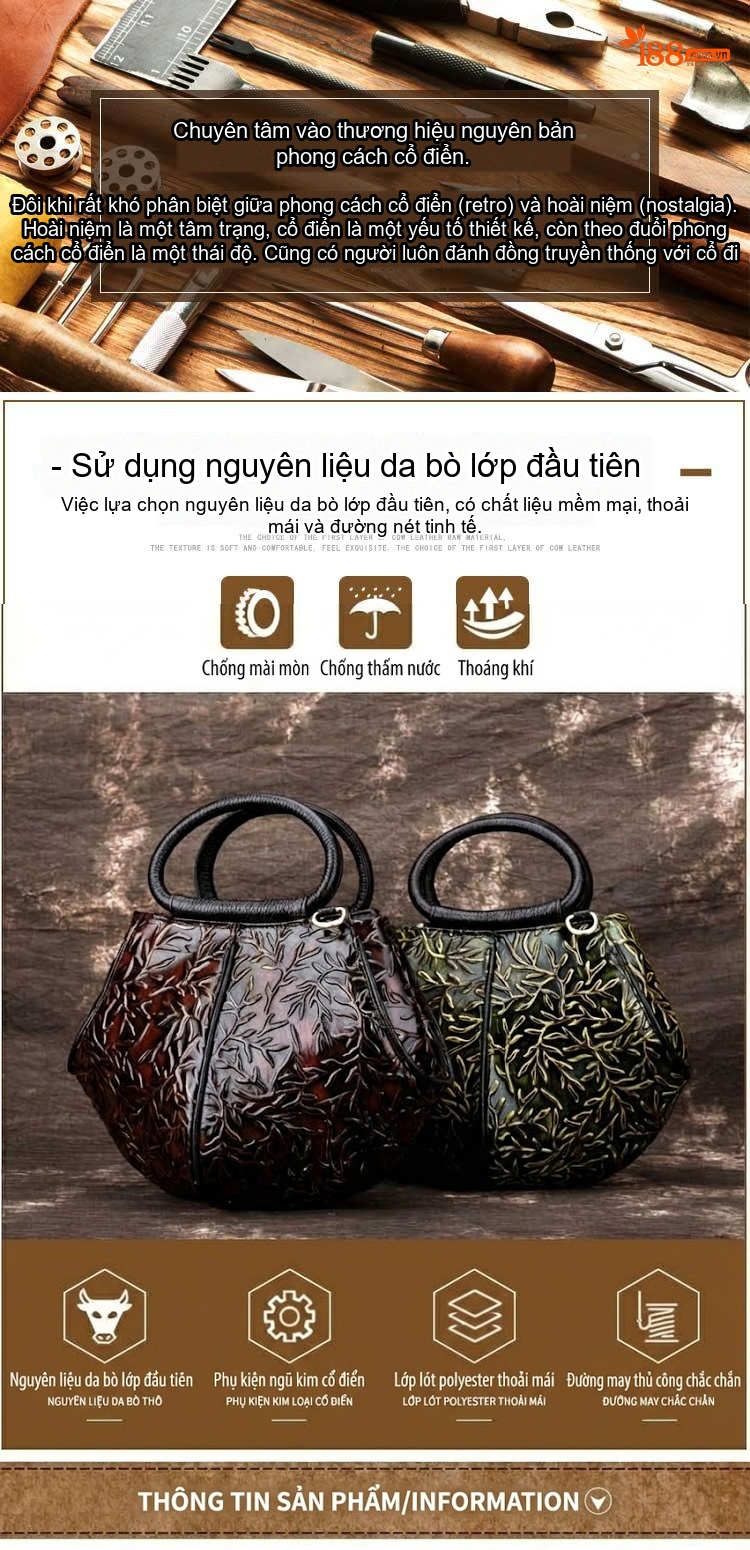 Túi Xách Nữ Da Thật Dập Vân Hoa Tiết Thủ Công Vintage Đeo Vai, Xách Tay chi tiết 1