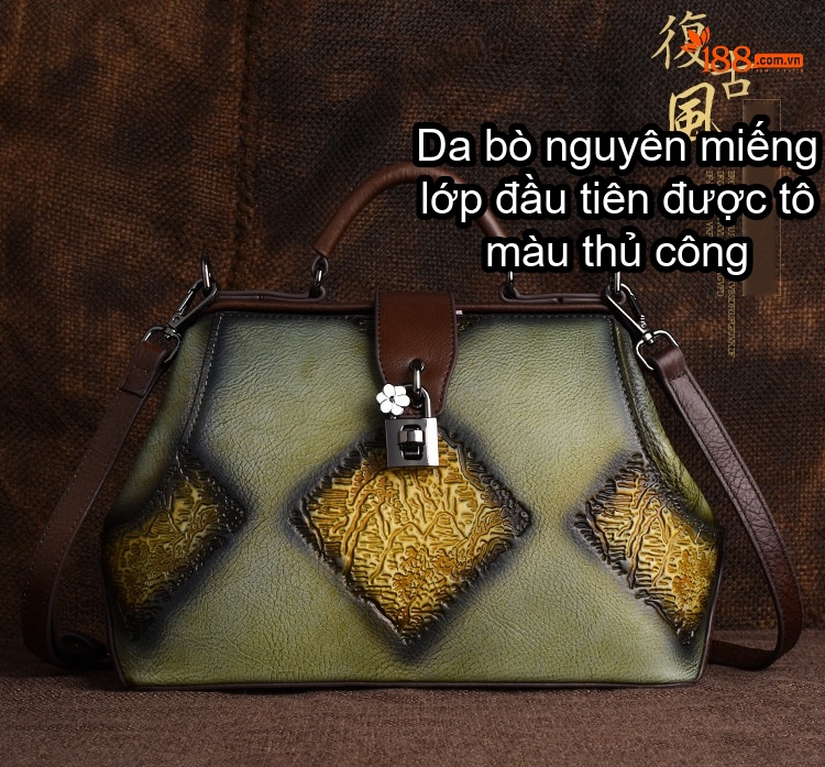 Túi Xách Nữ Da Thật Dập Vân Họa Tiết Vintage Quai Xách Tay Đeo Chéo Màu Xanh Lá, Nâu, Xám, Đỏ... chi tiết 1