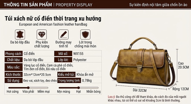 Túi Xách Nữ Da Thật Dập Vân Họa Tiết Vintage Quai Xách Tay Đeo Chéo Màu Xanh Lá, Nâu, Xám, Đỏ... chi tiết 2