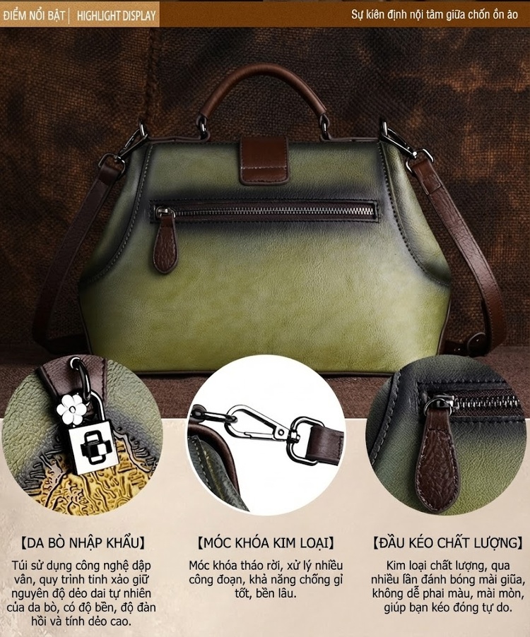 Túi Xách Nữ Da Thật Dập Vân Họa Tiết Vintage Quai Xách Tay Đeo Chéo Màu Xanh Lá, Nâu, Xám, Đỏ... chi tiết 3