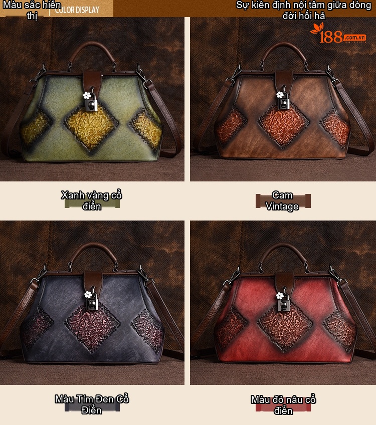 Túi Xách Nữ Da Thật Dập Vân Họa Tiết Vintage Quai Xách Tay Đeo Chéo Màu Xanh Lá, Nâu, Xám, Đỏ... chi tiết 4