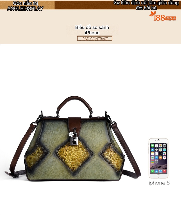 Túi Xách Nữ Da Thật Dập Vân Họa Tiết Vintage Quai Xách Tay Đeo Chéo Màu Xanh Lá, Nâu, Xám, Đỏ... chi tiết 5