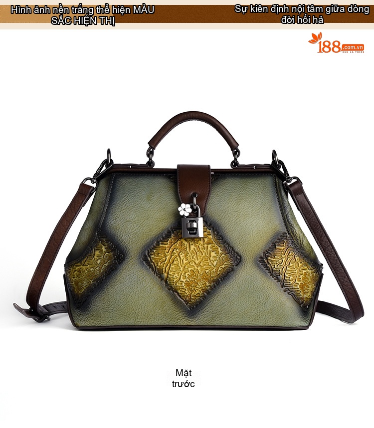 Túi Xách Nữ Da Thật Dập Vân Họa Tiết Vintage Quai Xách Tay Đeo Chéo Màu Xanh Lá, Nâu, Xám, Đỏ... chi tiết 7