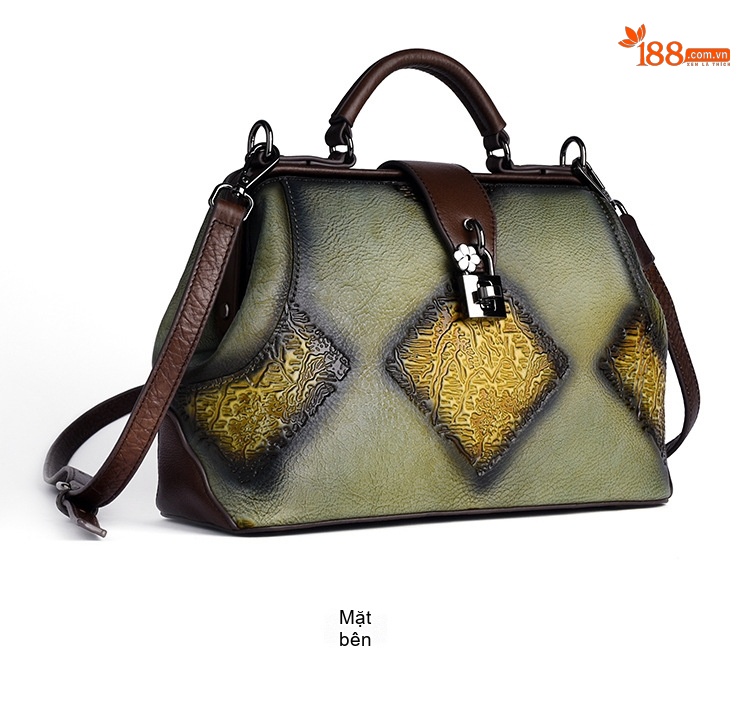 Túi Xách Nữ Da Thật Dập Vân Họa Tiết Vintage Quai Xách Tay Đeo Chéo Màu Xanh Lá, Nâu, Xám, Đỏ... chi tiết 9