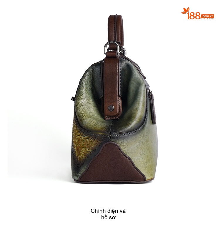 Túi Xách Nữ Da Thật Dập Vân Họa Tiết Vintage Quai Xách Tay Đeo Chéo Màu Xanh Lá, Nâu, Xám, Đỏ... chi tiết 10