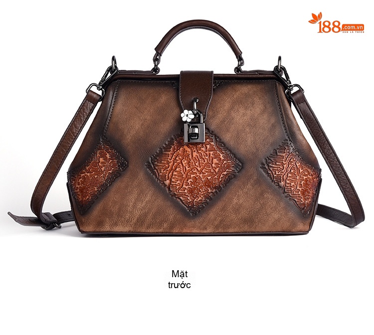 Túi Xách Nữ Da Thật Dập Vân Họa Tiết Vintage Quai Xách Tay Đeo Chéo Màu Xanh Lá, Nâu, Xám, Đỏ... chi tiết 12