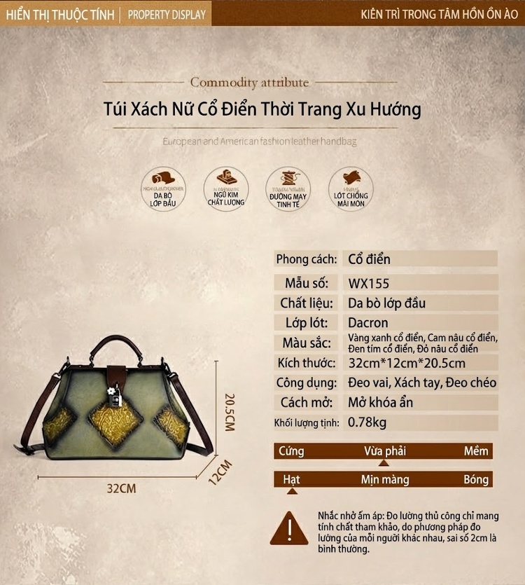 Túi Xách Nữ Da Thật Dập Vân Họa Tiết Vintage Quai Xách Tay Đeo Chéo Màu Xanh Lá, Nâu, Xám, Đỏ... chi tiết 24